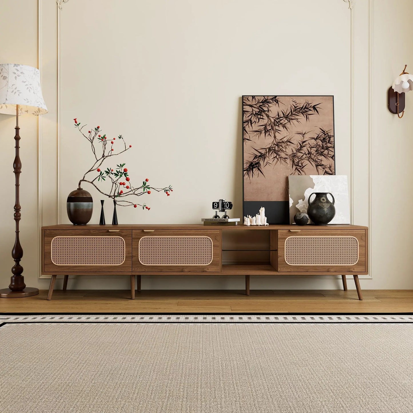 Walnut 78in TV stand with ample storage and open shelving by Unique Piece Furniture on Tampa Home & Garden Store