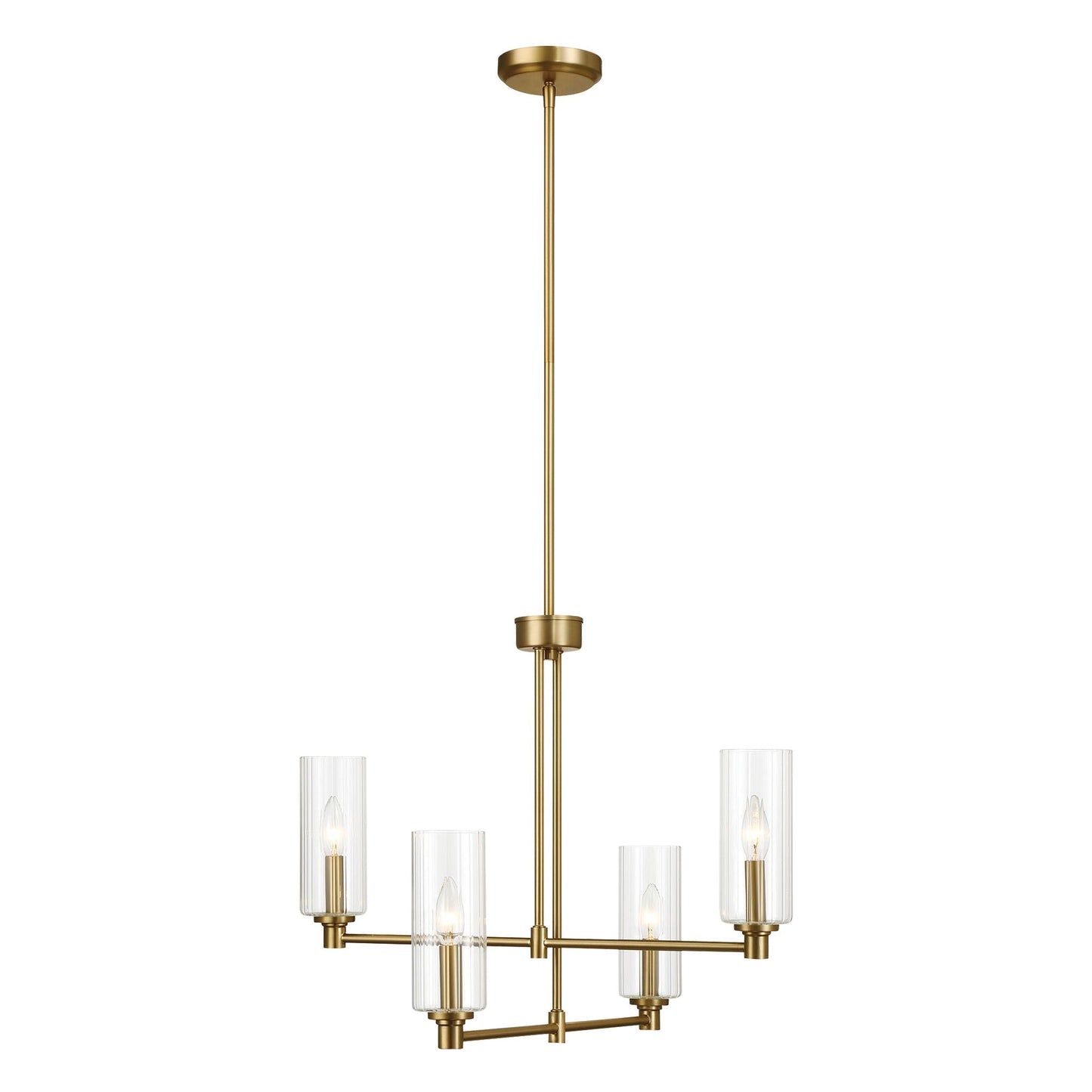 Enigma 4-light chandelier in antique brass with clear ribbed glass cylinders on Tampa Home & Garden Store
