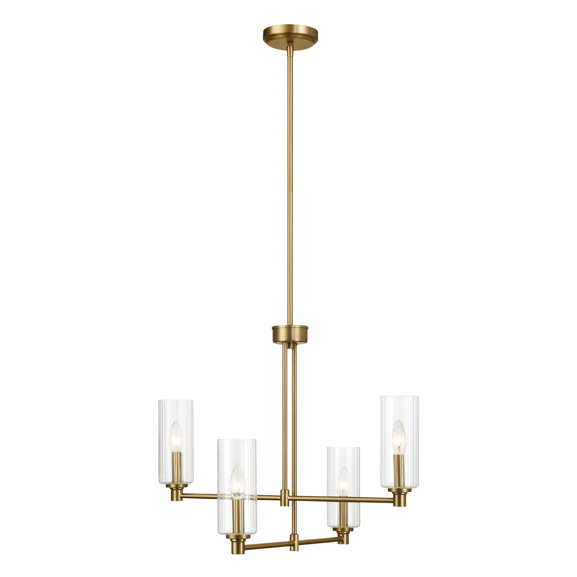 Enigma 4-light chandelier in antique brass with clear ribbed glass cylinders on Tampa Home & Garden Store