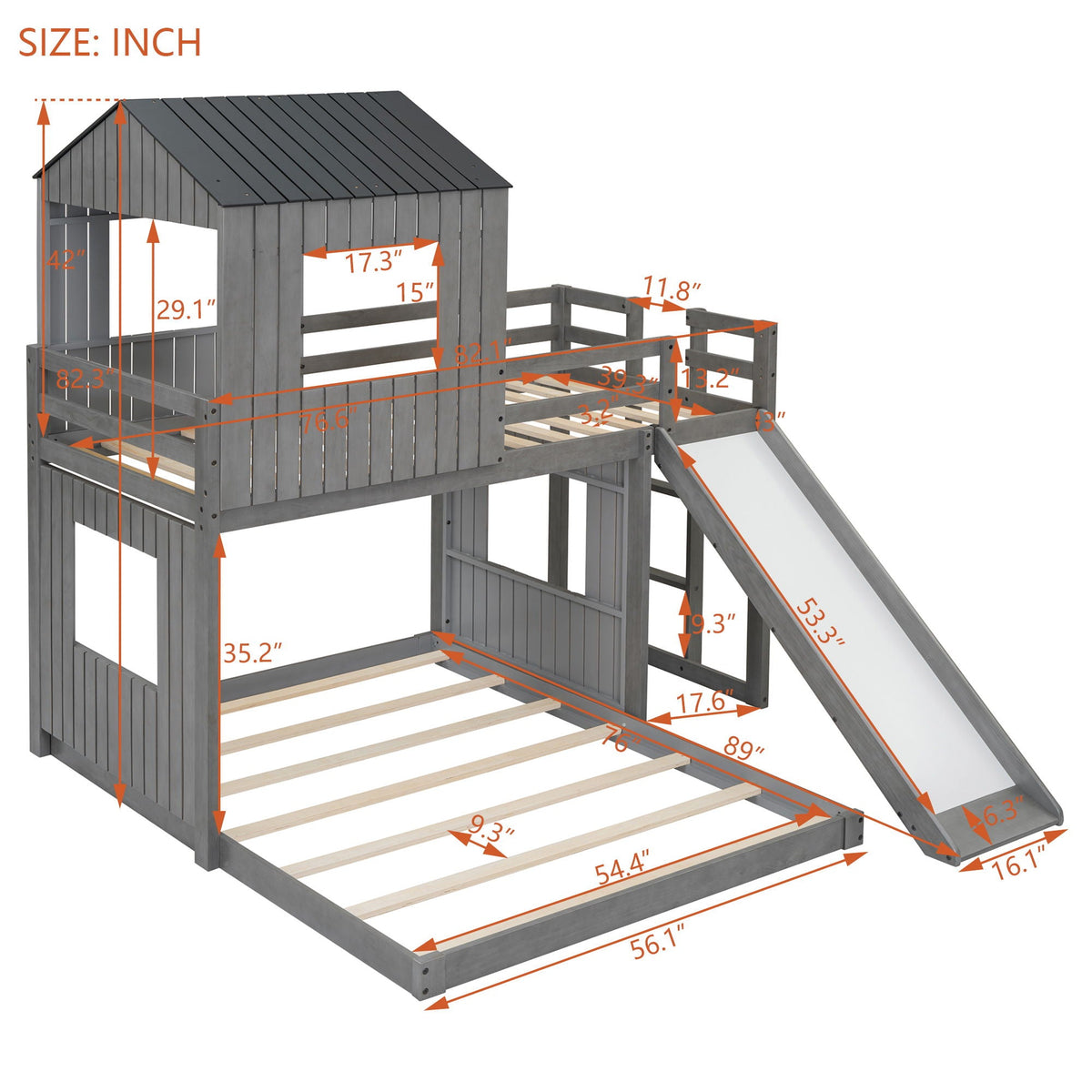 Loft bunk bed with playhouse, farmhouse gray wood, ladder and slide, guardrails HouseOfZazla on Tampa Home & Garden Store