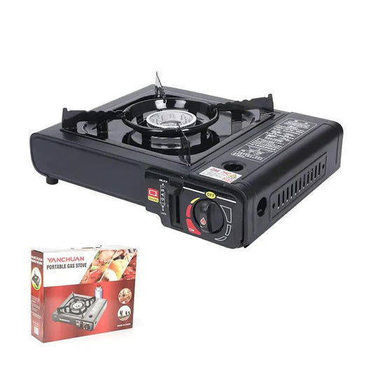 Two-item portable single-burner camping stove in black with control knob and box packaging on Tampa Home & Garden Store