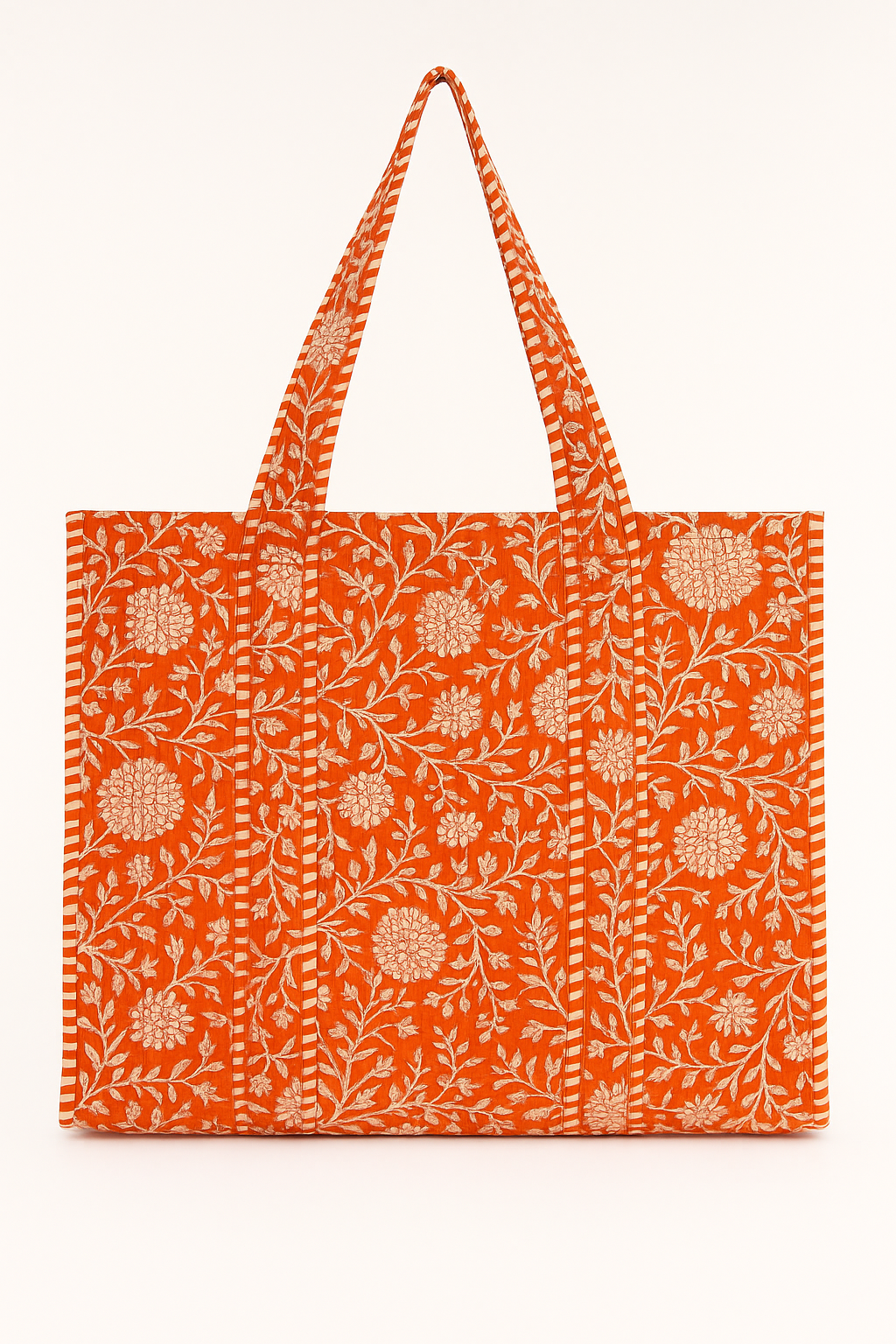 Orange floral tote bag with botanical print and orange striped handles by Erin Donahue Tice on Tampa Home & Garden Store