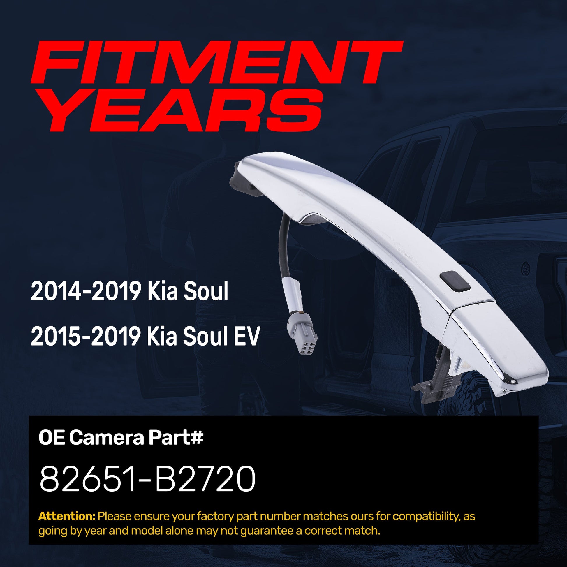 Chrome exterior door handle replacement for Kia Soul 2014-2019 and Soul EV 2015-2019, OE Part 82651-B2720, front LH w/o keyhole, Master Tailgaters on Tampa Home & Garden Store