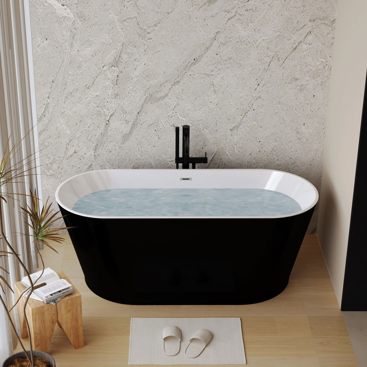 Glossy freestanding bathtub with toe-tap drain, black exterior, white interior by HouseOfZazla on Tampa Home & Garden Store
