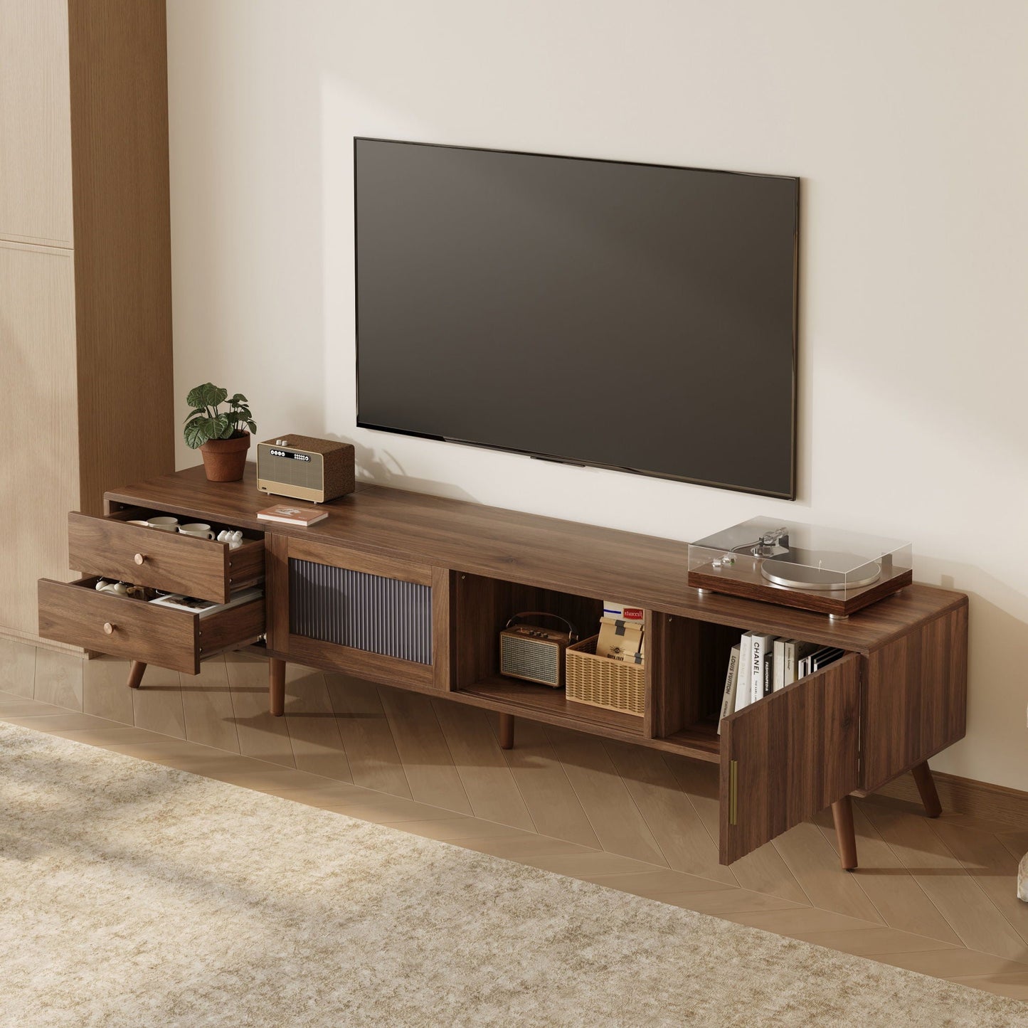 HouseOfZazla 76in TV Stand with storage drawers and cabinets in walnut finish on Tampa Home & Garden Store