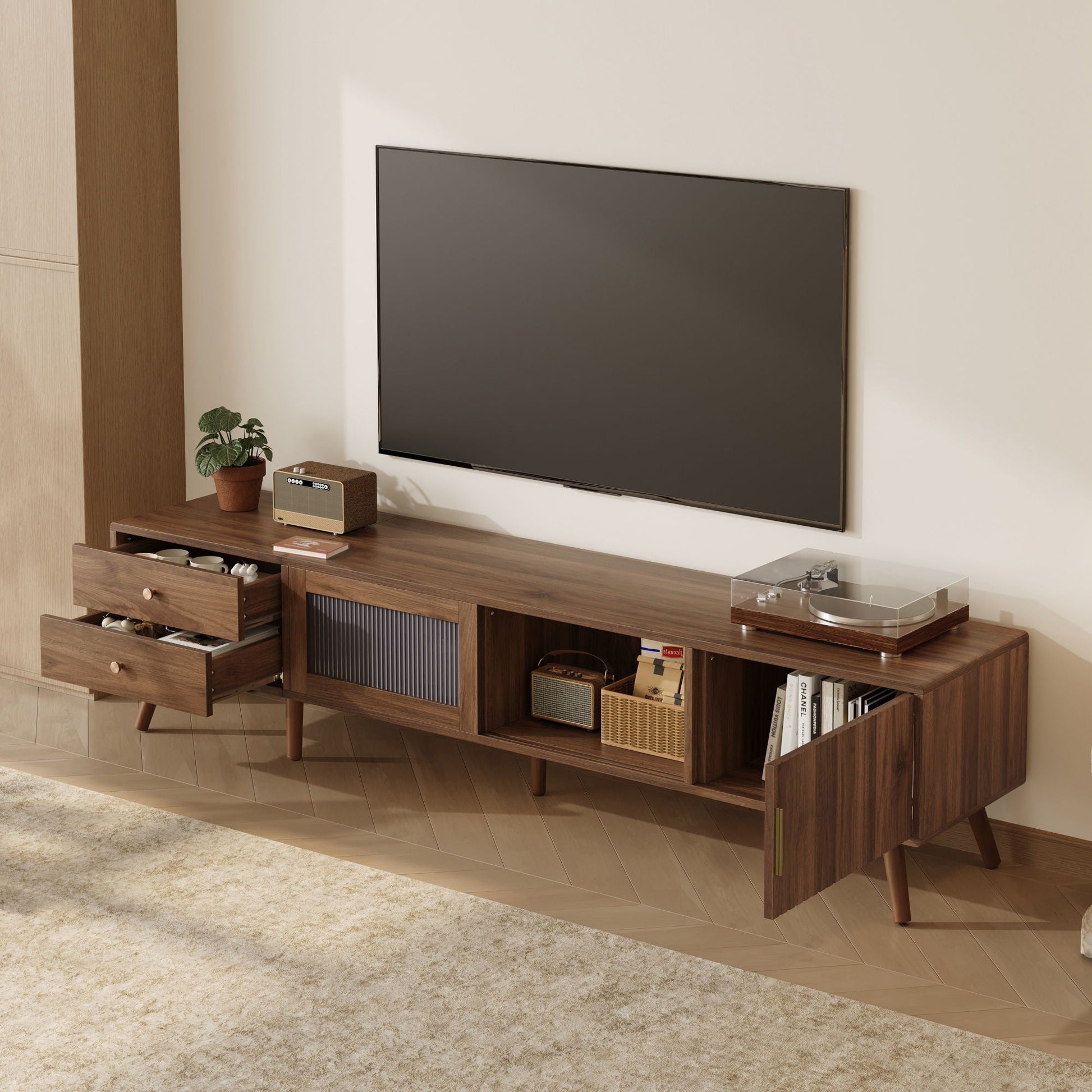 HouseOfZazla 76in TV Stand with storage drawers and cabinets in walnut finish on Tampa Home & Garden Store