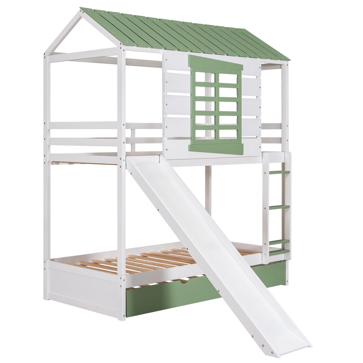 Twin over twin bunk bed with slide and trundle, white with green accents by HouseOfZazla on Tampa Home & Garden Store