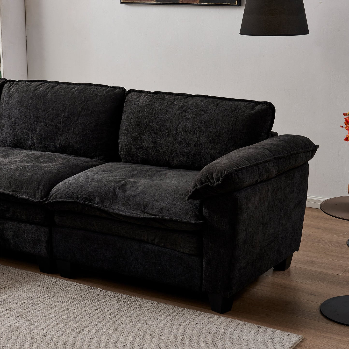 Luxurious black chenille loveseat sofa with plush cushions for living room on Tampa Home & Garden Store