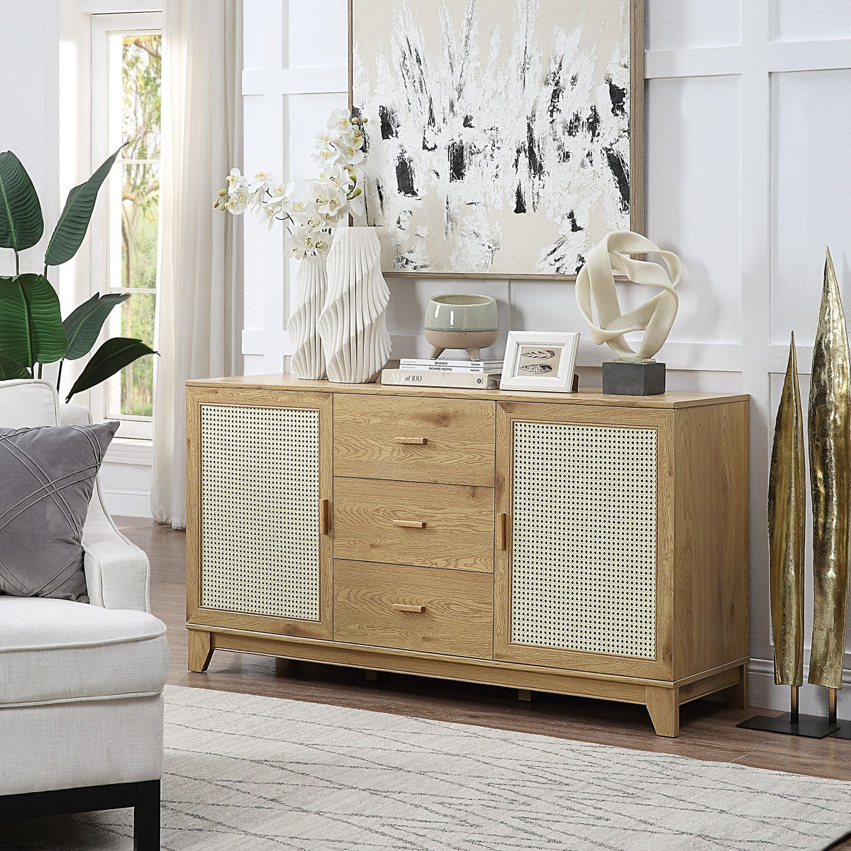 HouseOfZazla modern cane design sideboard with solid wood handles in light brown oak on Tampa Home & Garden Store