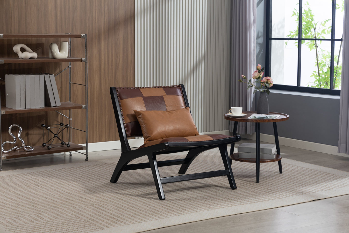 Modern Boho accent chair in patchwork tan-brown leather with black metal legs on Tampa Home & Garden Store