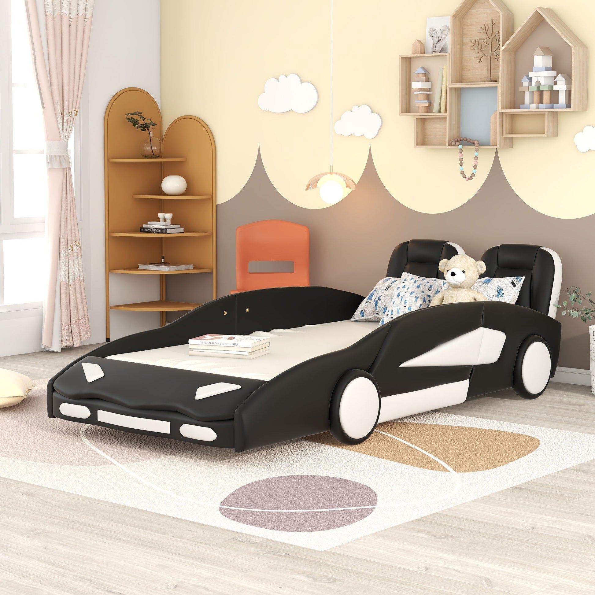 Pair of race car shaped twin platform beds with wheels in pine wood by HouseOfZazla on Tampa Home & Garden Store