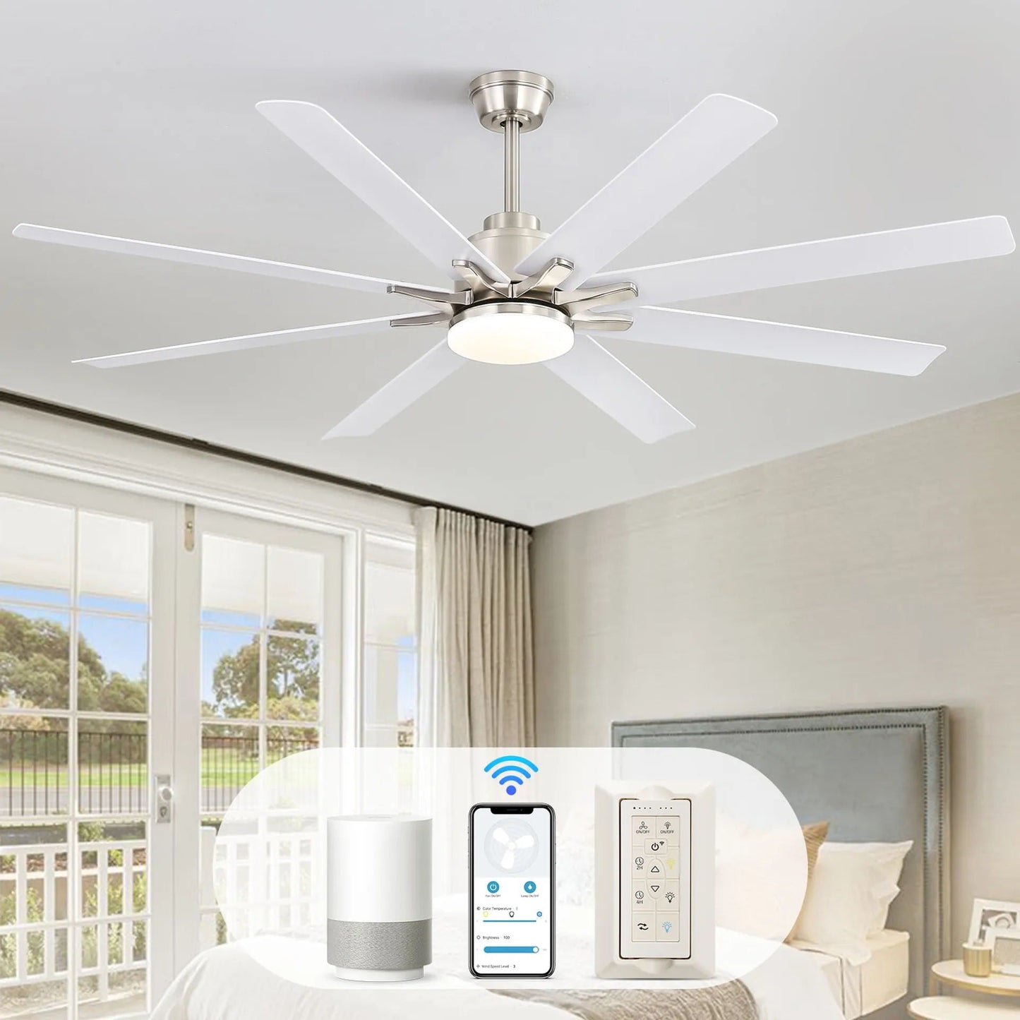 Ceiling fan with 8 white blades, dimmable LED light, remote control on Tampa Home & Garden Store