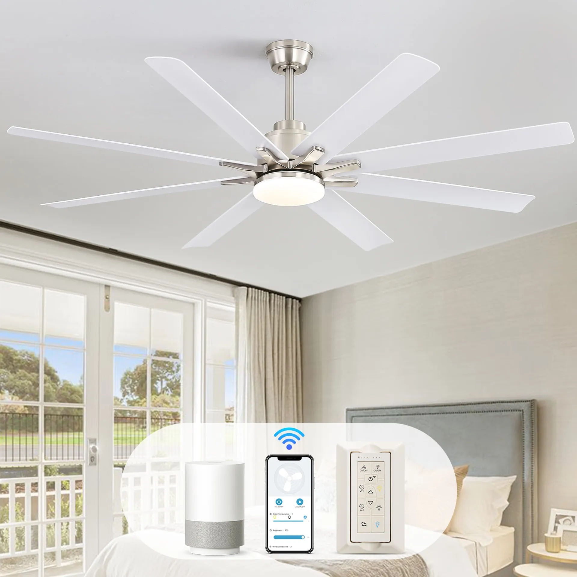 Ceiling fan with 8 white blades, dimmable LED light, remote control on Tampa Home & Garden Store