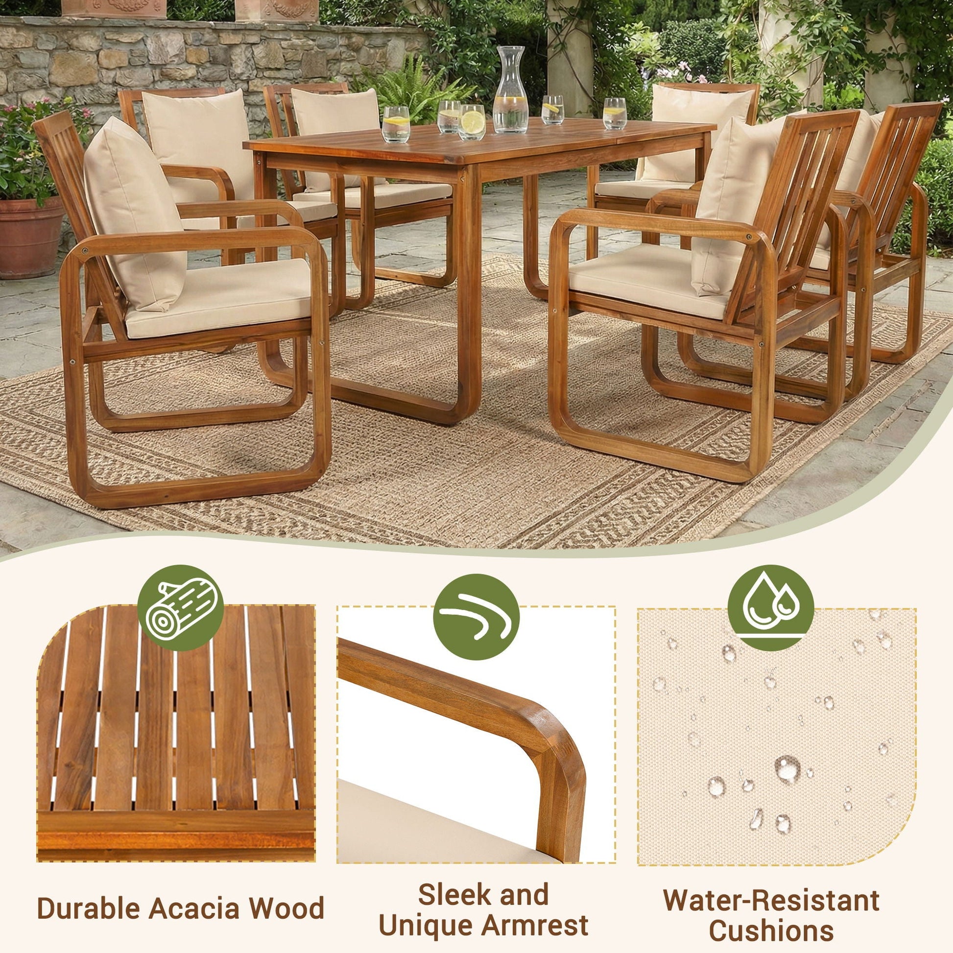 7 Piece Outdoor Dining Set with Removable Cushions in Acacia Wood seats six by HouseOfZazla on Tampa Home & Garden Store