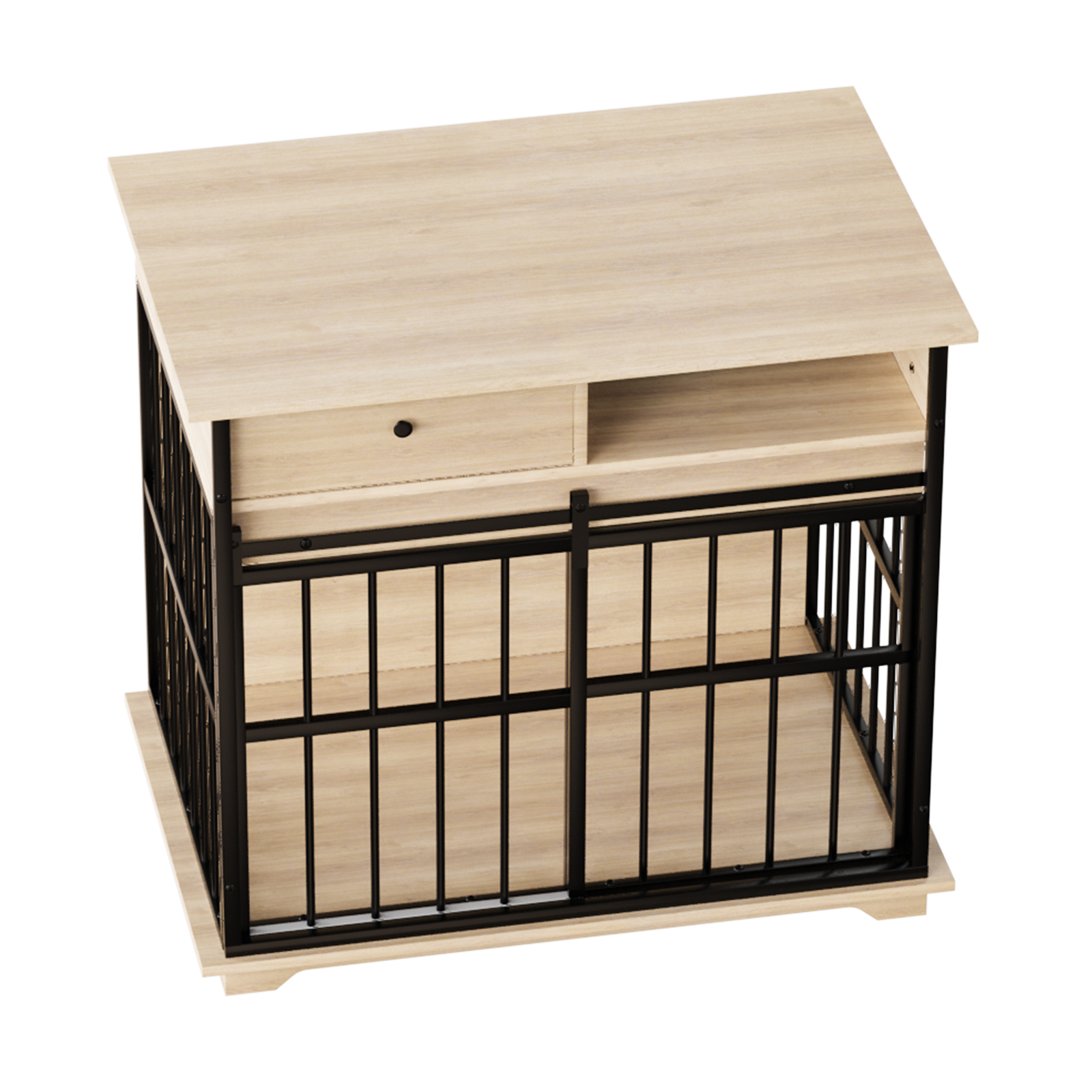 Dog Cage Furniture for Small Dogs with natural oak top and black metal frame on Tampa Home & Garden Store