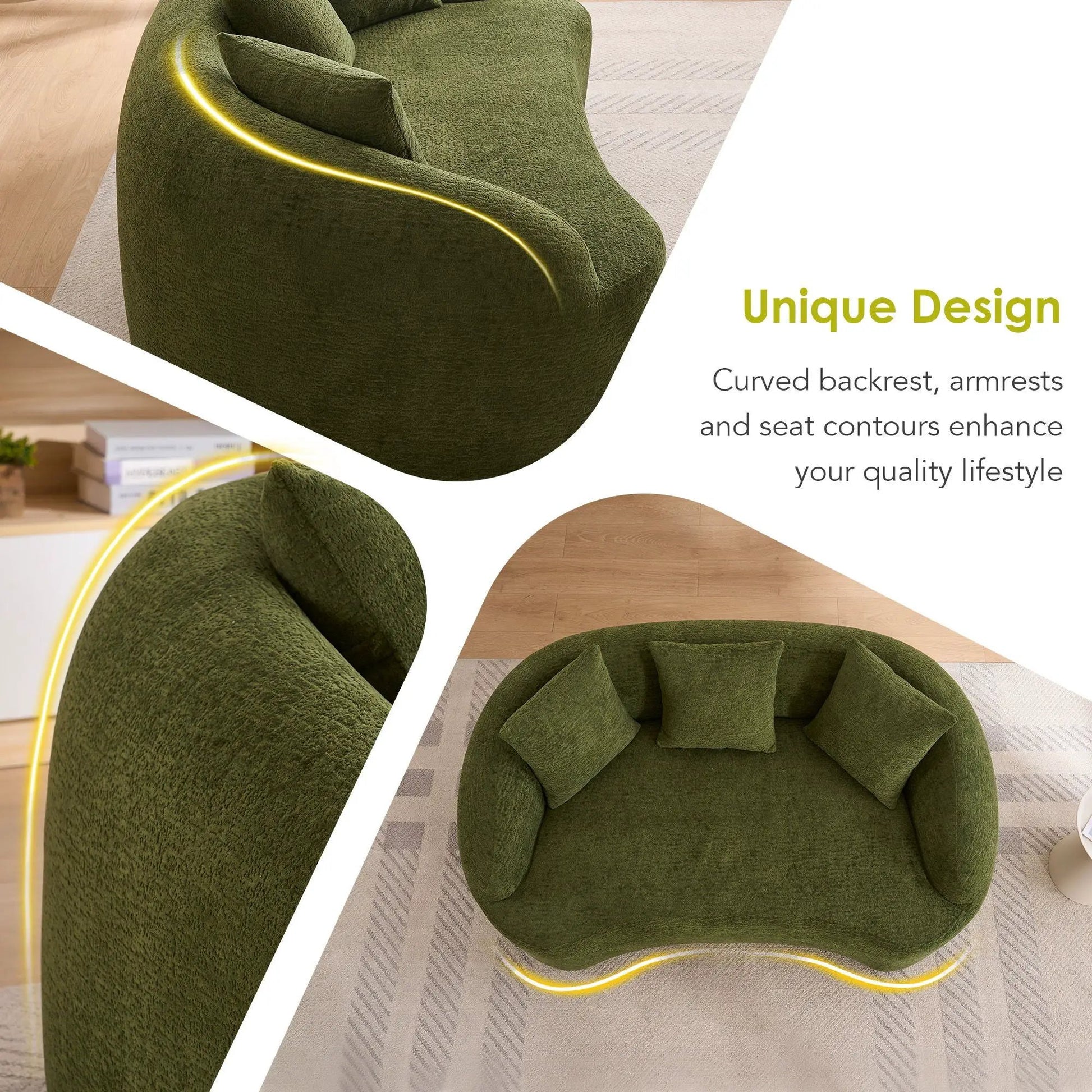 Two olive-green curved stationary loveseats in textured fabric by Unique Piece Furniture on Tampa Home & Garden Store