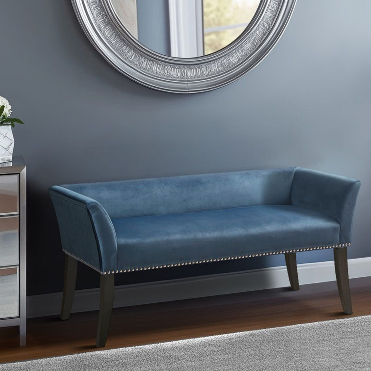 Welburn upholstered bench by HouseOfZazla in blue fabric with low back and flared arms on Tampa Home & Garden Store