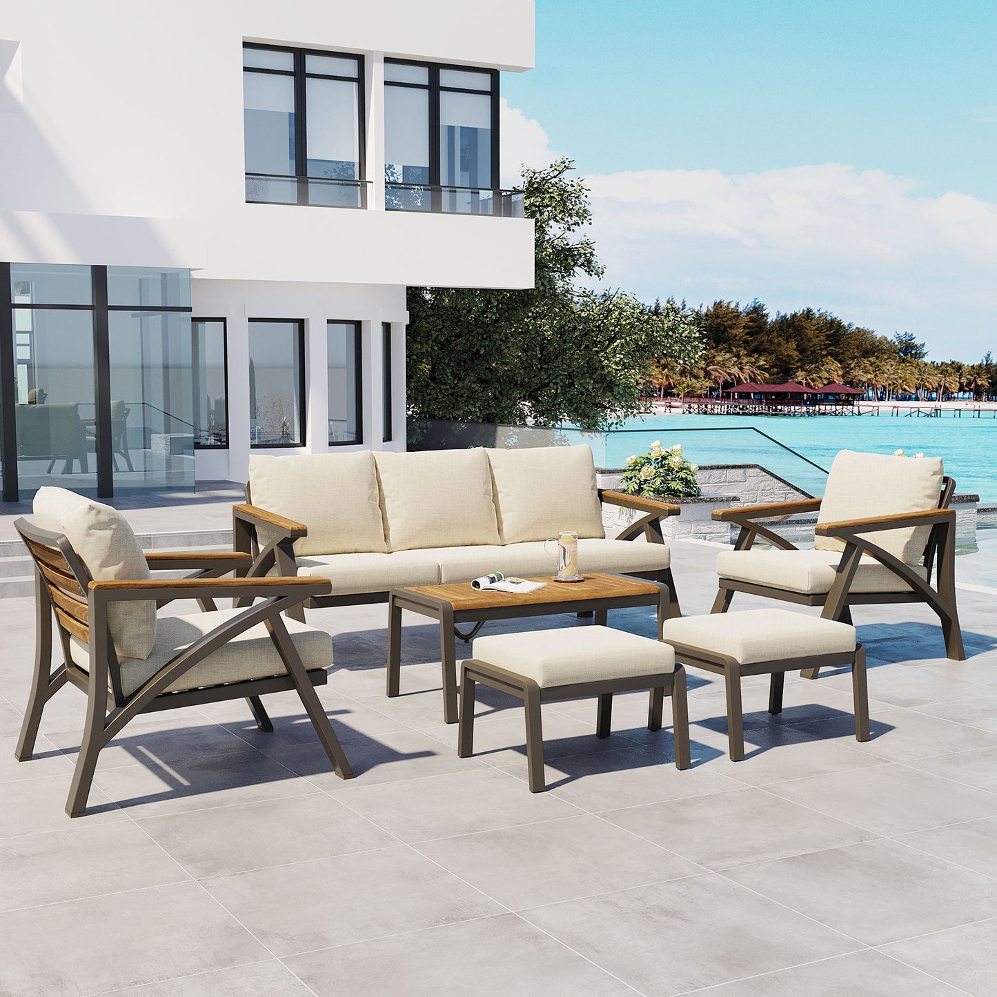 6 Piece Outdoor Patio Sofa and Wood Table Set