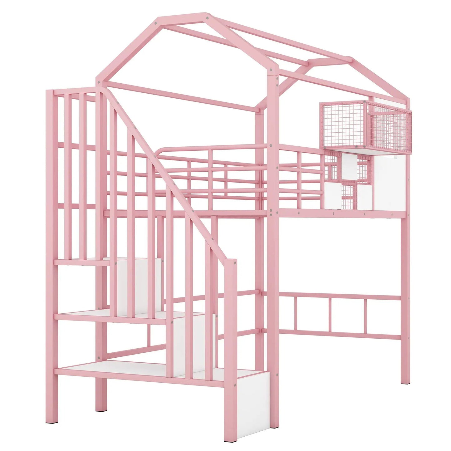 Metal loft bed with roof design, pink finish, storage box, guardrails and integrated ladder on Tampa Home & Garden Store