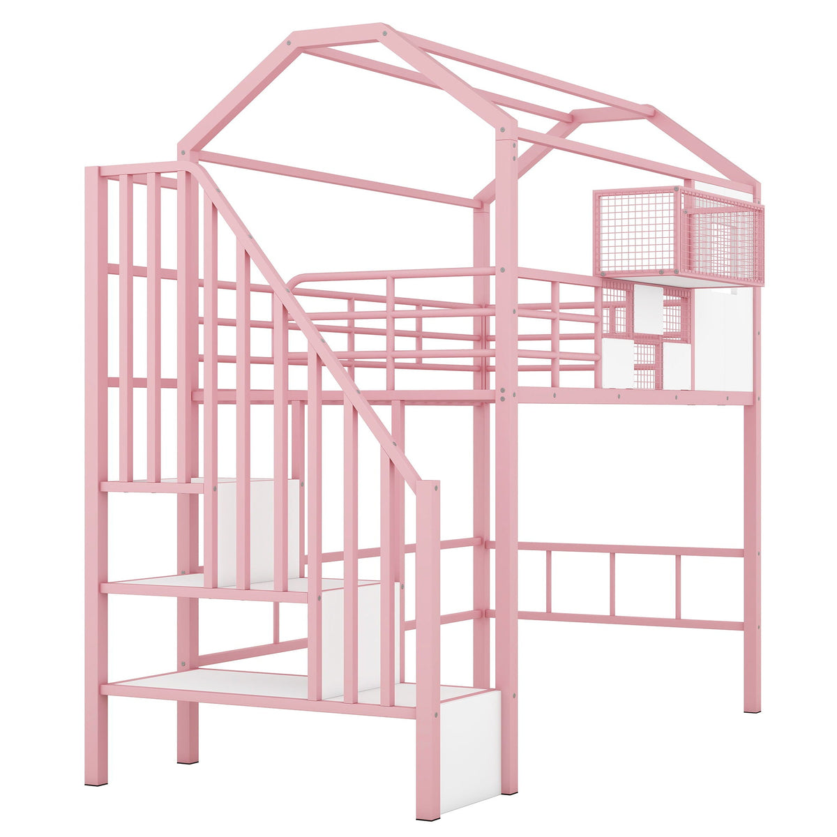Pink metal loft bed with roof frame, storage box, guardrails and ladder by HouseOfZazla on Tampa Home & Garden Store