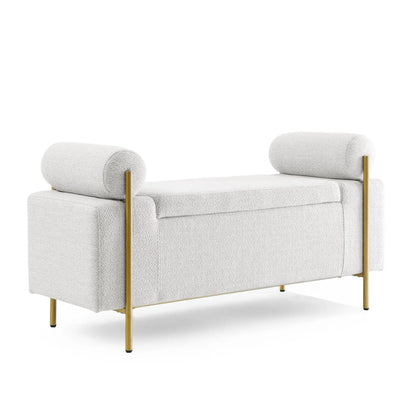Elegant upholstered storage bench with cylindrical arms and gold-tone iron legs in gray on Tampa Home & Garden Store