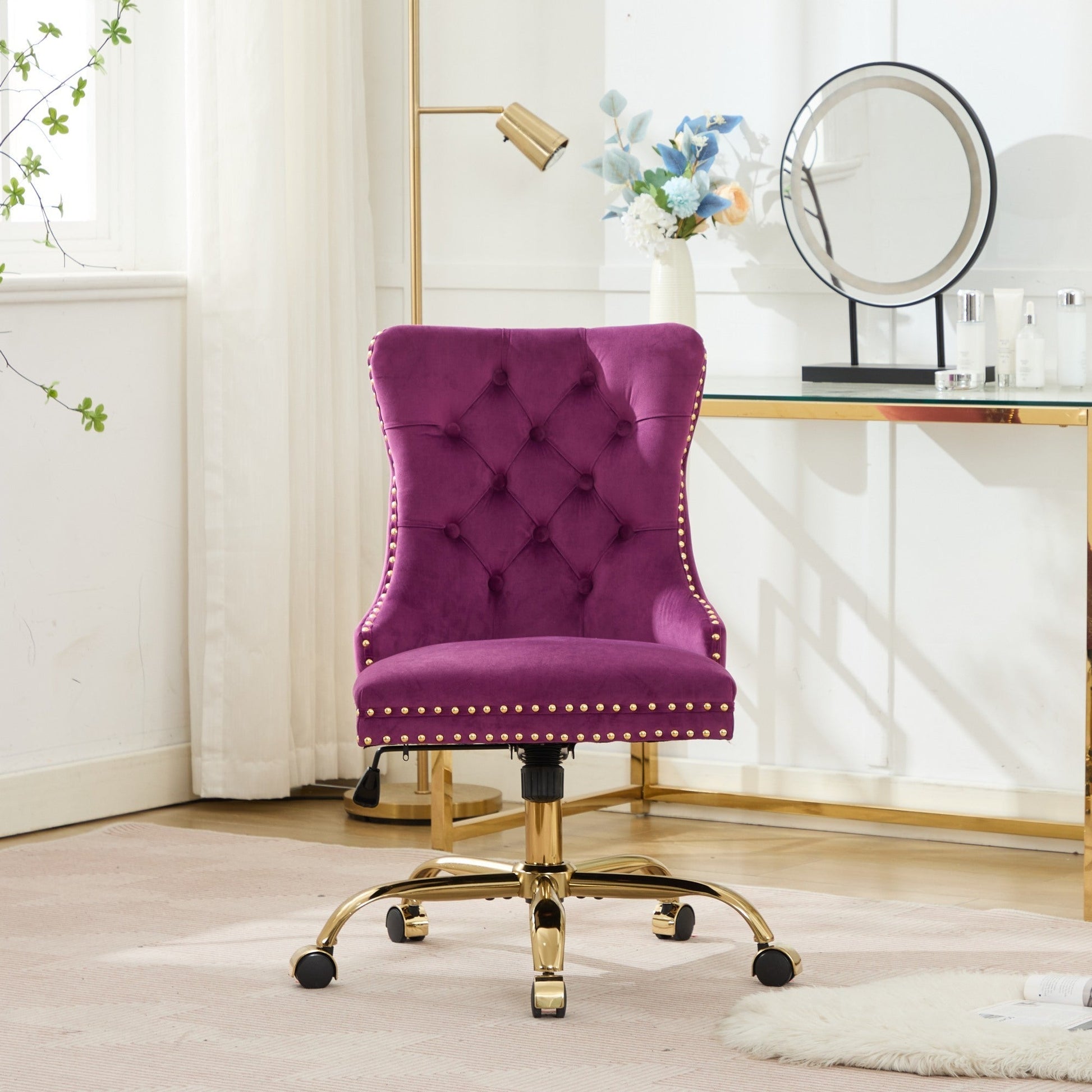 Office chair purple velvet tufted with gold base and wheels by HouseOfZazla on Tampa Home & Garden Store