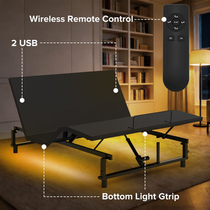 Adjustable Bed Base Frame with wireless remote, USB ports, under-bed nightlights on Tampa Home & Garden Store