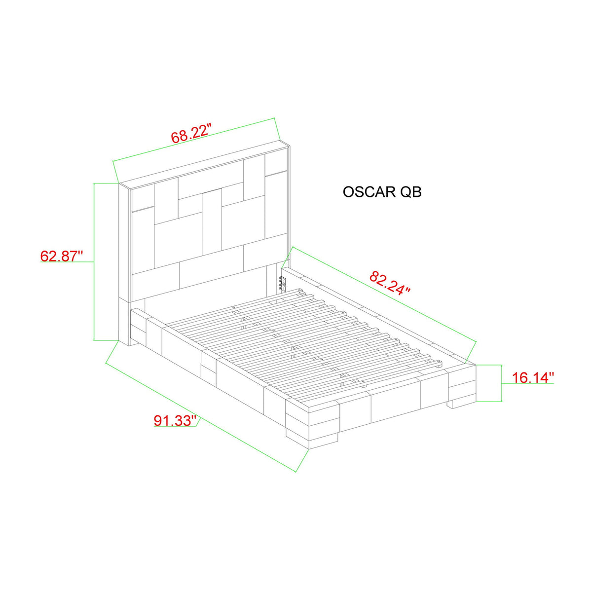 Yaris bed upholstered with paneled headboard; blueprint style 3D line drawing with measurements on Tampa Home & Garden Store