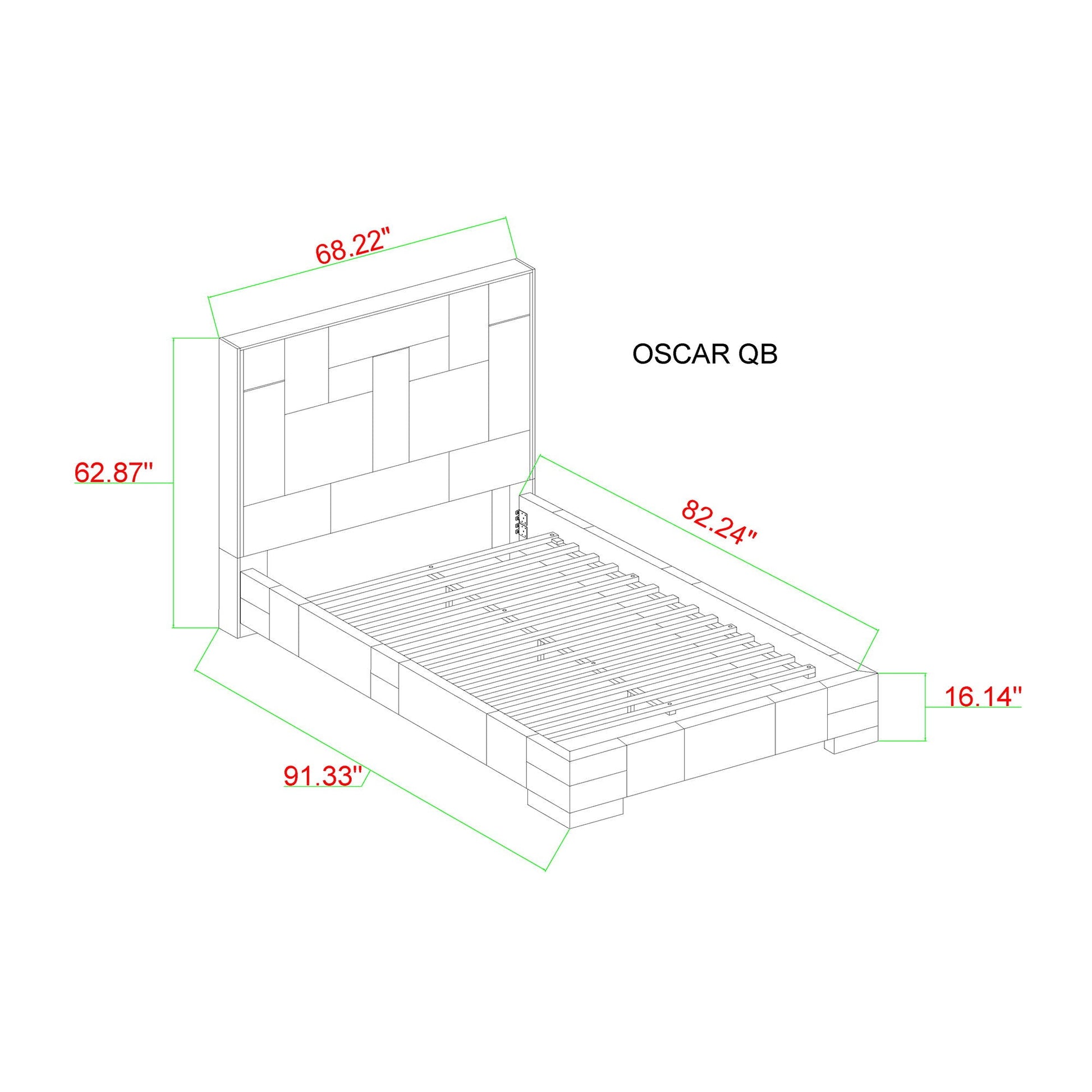 Yaris bed upholstered with paneled headboard; blueprint style 3D line drawing with measurements on Tampa Home & Garden Store