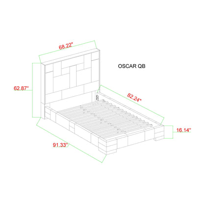 Yaris bed upholstered with paneled headboard; blueprint style 3D line drawing with measurements on Tampa Home & Garden Store