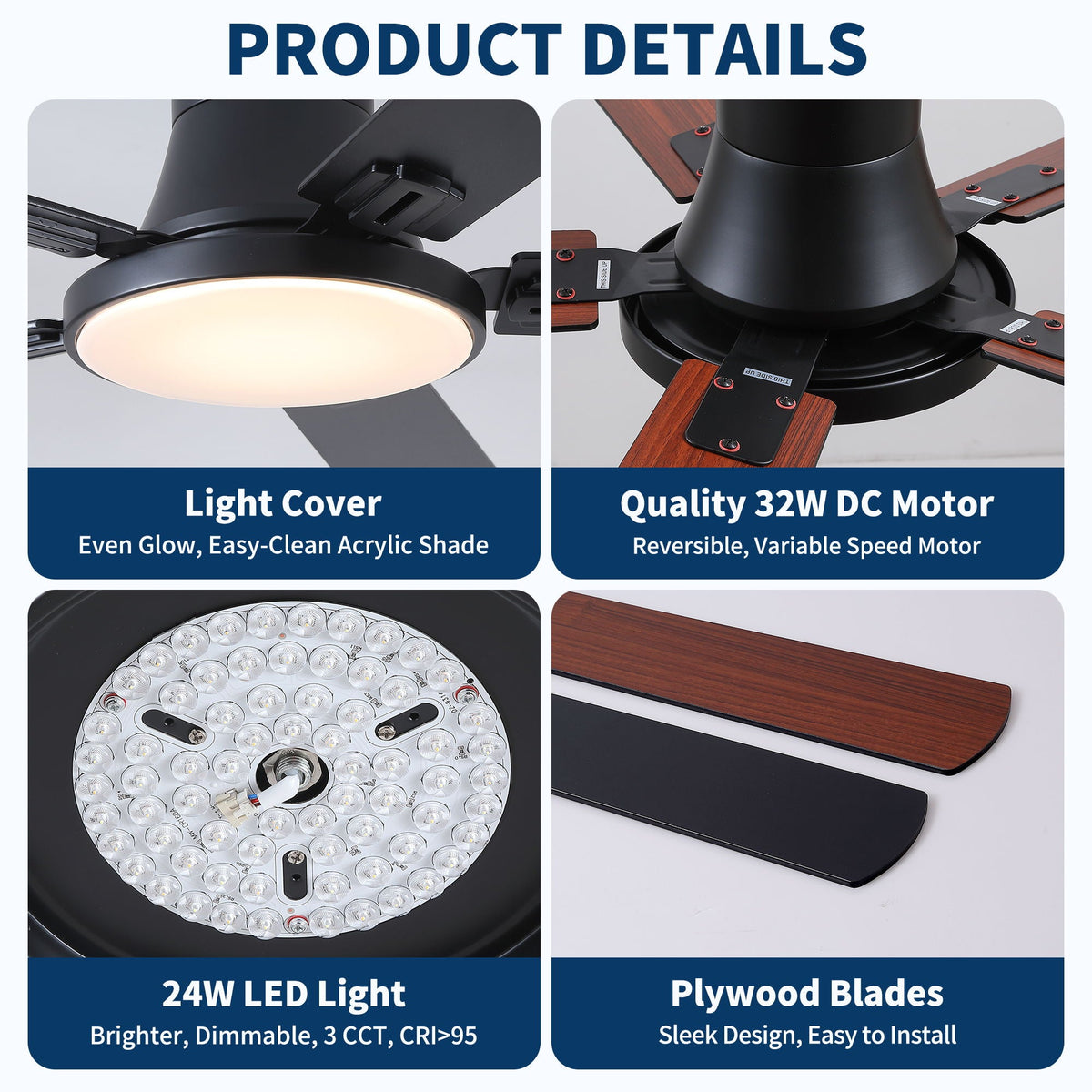 Ceiling fan with LED light and remote, flush mount, black with plywood blades, HouseOfZazla on Tampa Home & Garden Store