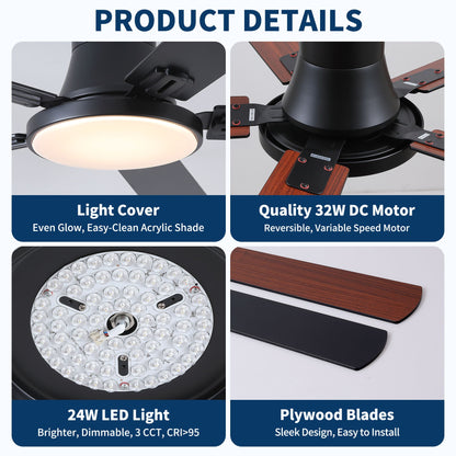 Ceiling fan with LED light and remote, flush mount, black with plywood blades, HouseOfZazla on Tampa Home & Garden Store