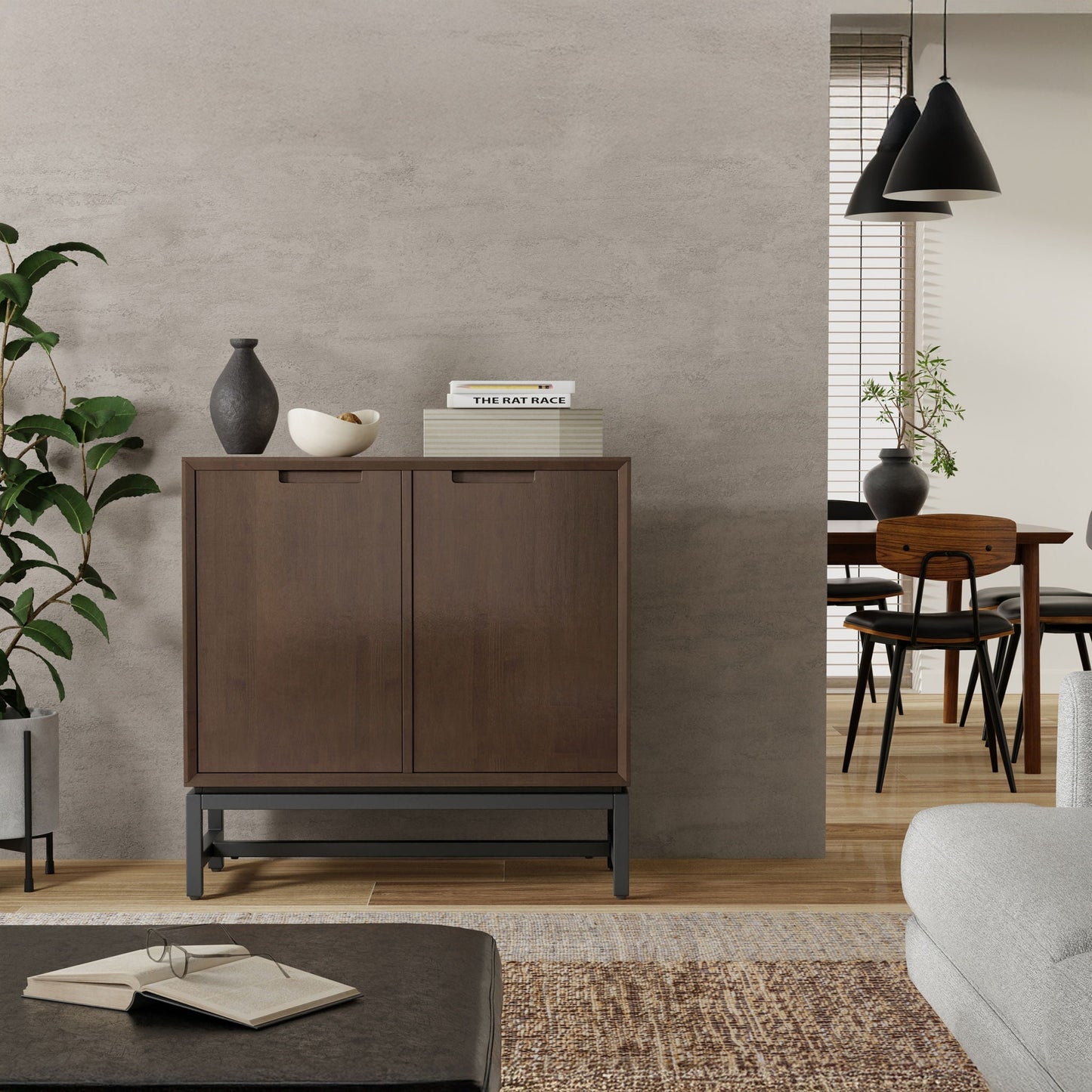 HouseOfZazla Banting storage cabinet, dark wood accent cabinet with black metal base on Tampa Home & Garden Store