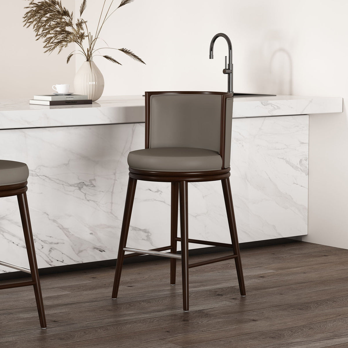 Evalyn Barstool, bar height 28–30, taupe upholstered seat with dark wood legs by HouseOfZazla on Tampa Home & Garden Store