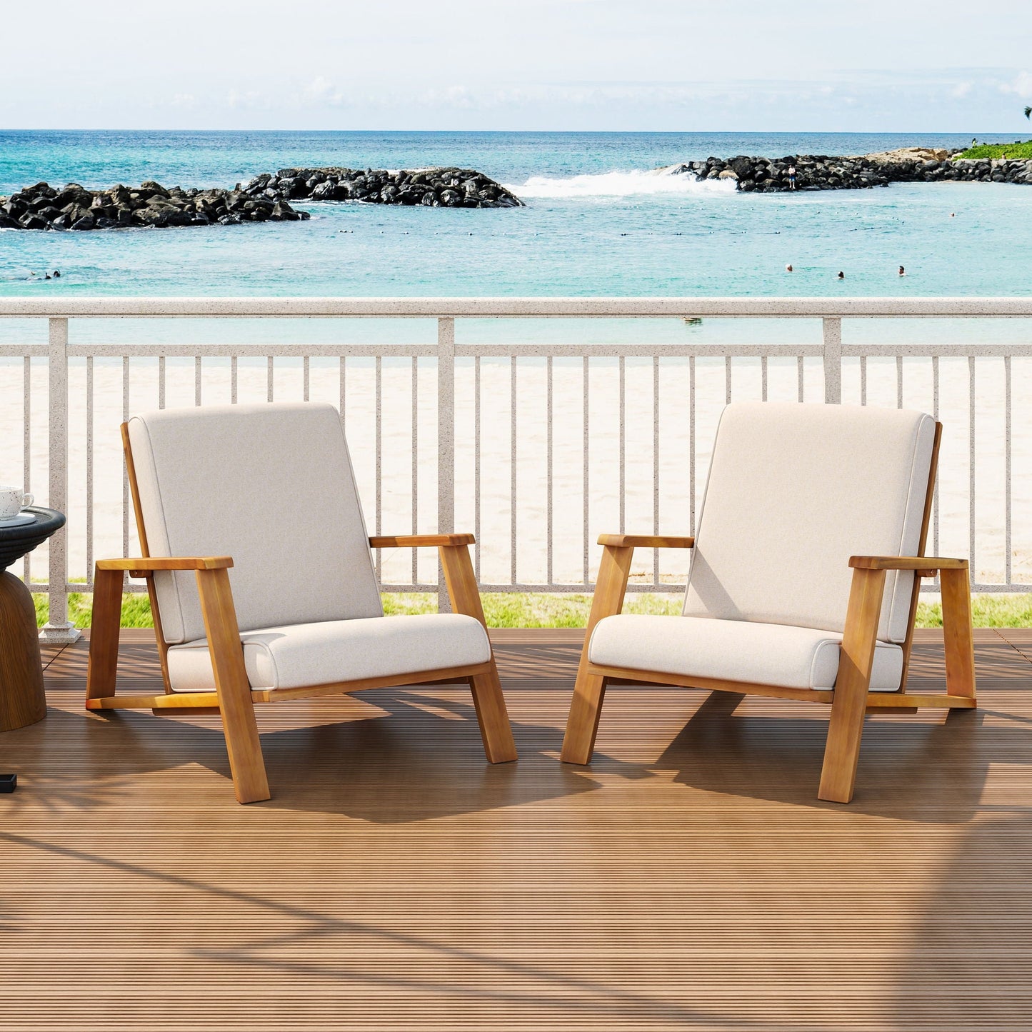 Outdoor Patio Lounge Chair Set of 2 HouseOfZazla beige cushions wooden frames on deck on Tampa Home & Garden Store