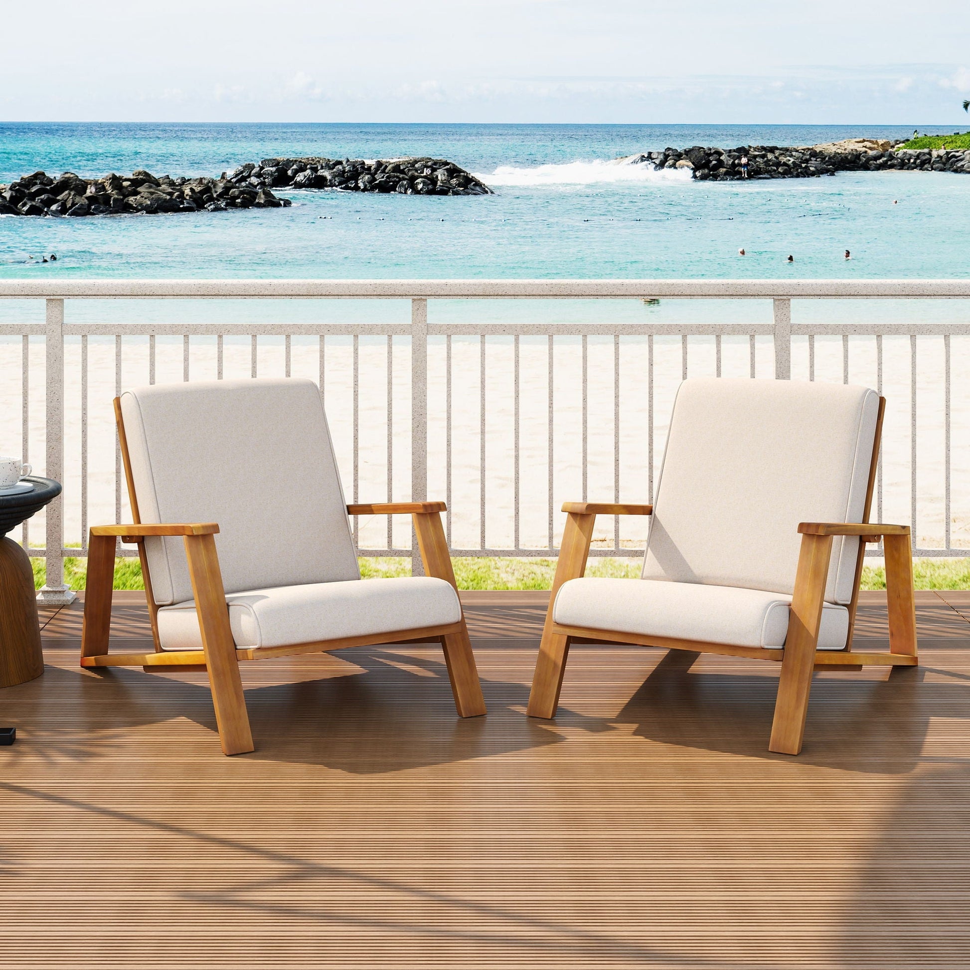 Outdoor Patio Lounge Chair Set of 2 HouseOfZazla beige cushions wooden frames on deck on Tampa Home & Garden Store