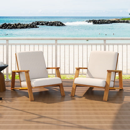 Outdoor Patio Lounge Chair Set of 2 HouseOfZazla beige cushions wooden frames on deck on Tampa Home & Garden Store