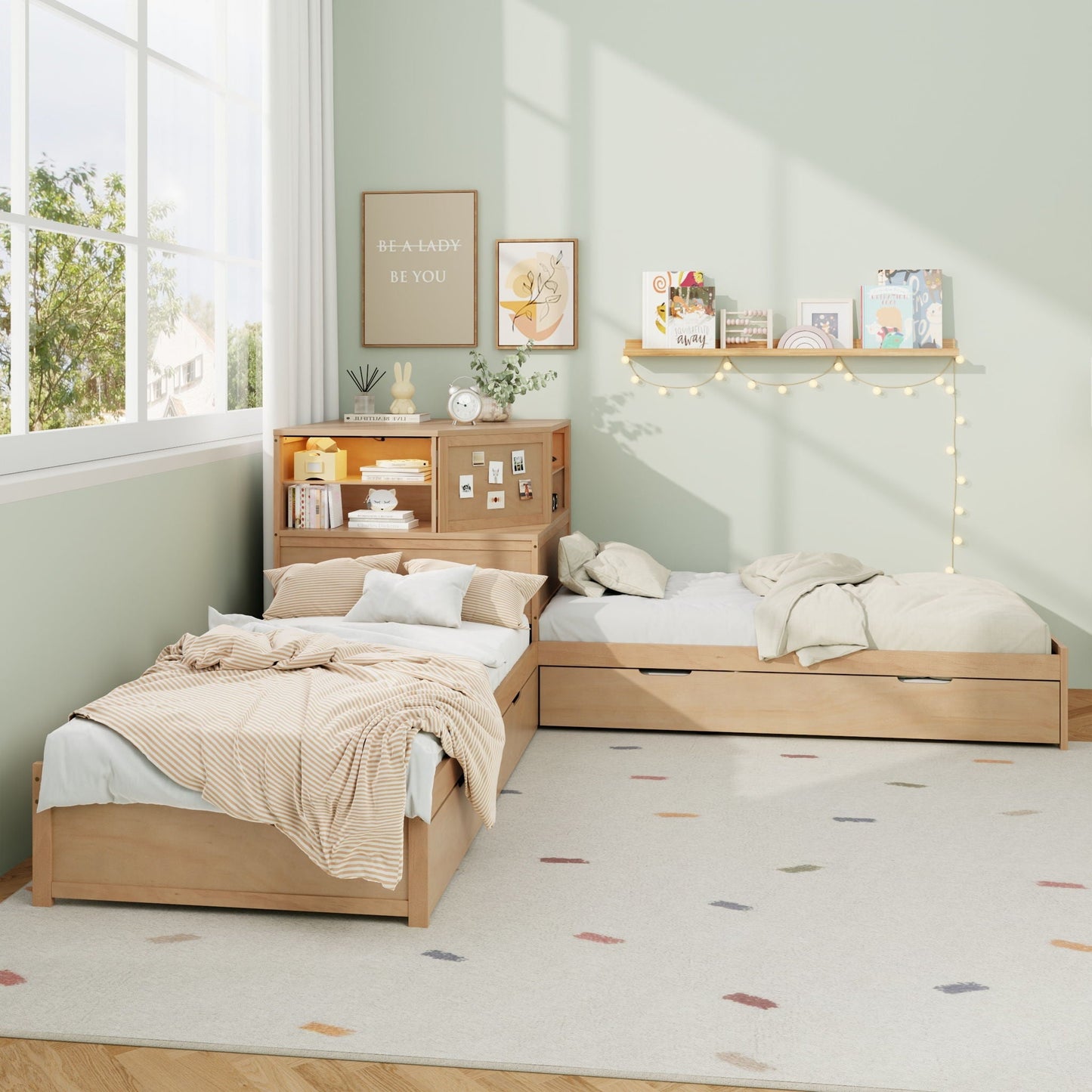 Compact L Shaped Bed Frame with Trundle and Desk