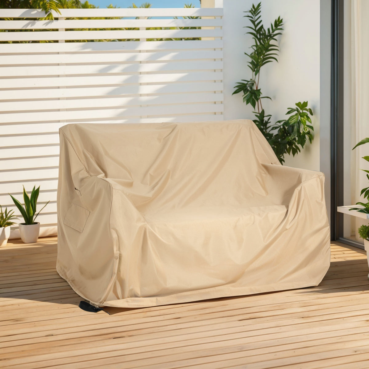 Shield Outdoor Loveseat Sofa Cover Beige for stationary outdoor loveseat on wood deck on Tampa Home & Garden Store