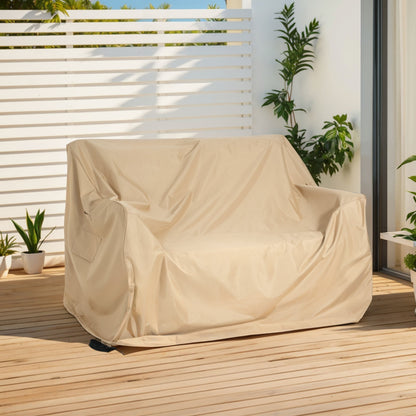 Shield Outdoor Loveseat Sofa Cover Beige for stationary outdoor loveseat on wood deck on Tampa Home & Garden Store