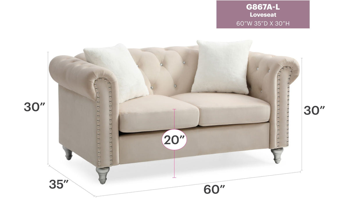 Contemporary beige loveseat with jeweled tufting and nailhead trim 60W x 35D x 30H HouseOfZazla on Tampa Home & Garden Store