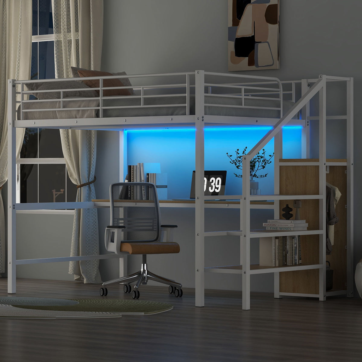HouseOfZazla loft bed with desk, small wardrobe, gray metal frame, storage staircase and built-in LED light on Tampa Home & Garden Store