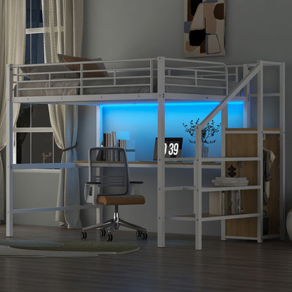 HouseOfZazla loft bed with desk, small wardrobe, gray metal frame, storage staircase and built-in LED light on Tampa Home & Garden Store