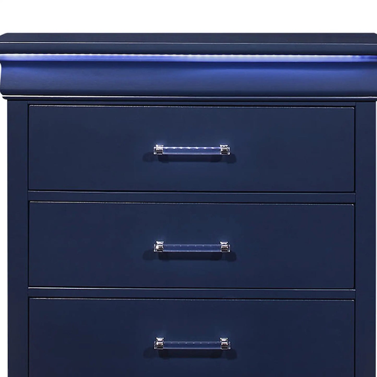 Charlston Chest With LED, navy blue accent chest with chrome handles and top LED strip on Tampa Home & Garden Store