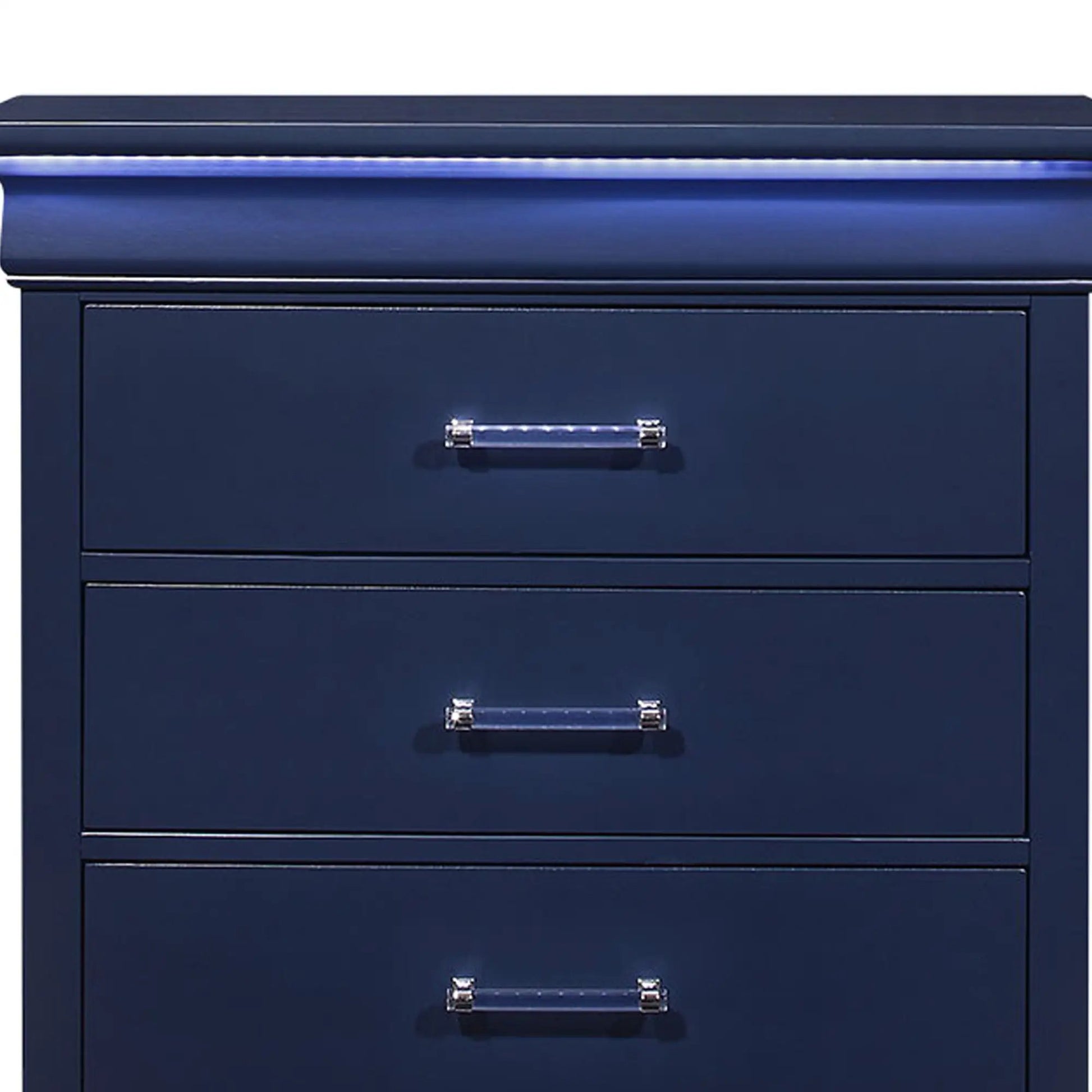 Charlston Chest With LED, navy blue accent chest with chrome handles and top LED strip on Tampa Home & Garden Store