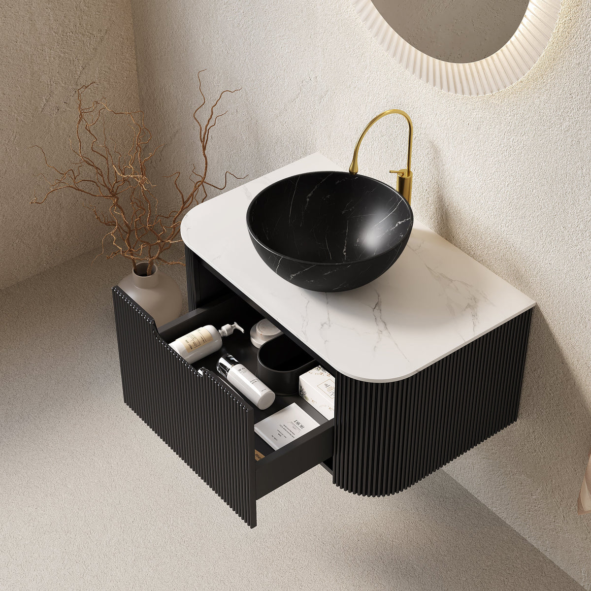 Modern 30-Inch Bathroom Vanity white marble, black vessel sink, gold faucet, ribbed dark cabinet on Tampa Home & Garden Store