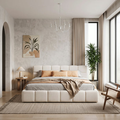 Elegant Chenille Upholstered Bed with Checkerboard Headboard Beige, bed frame HouseOfZazla on Tampa Home & Garden Store