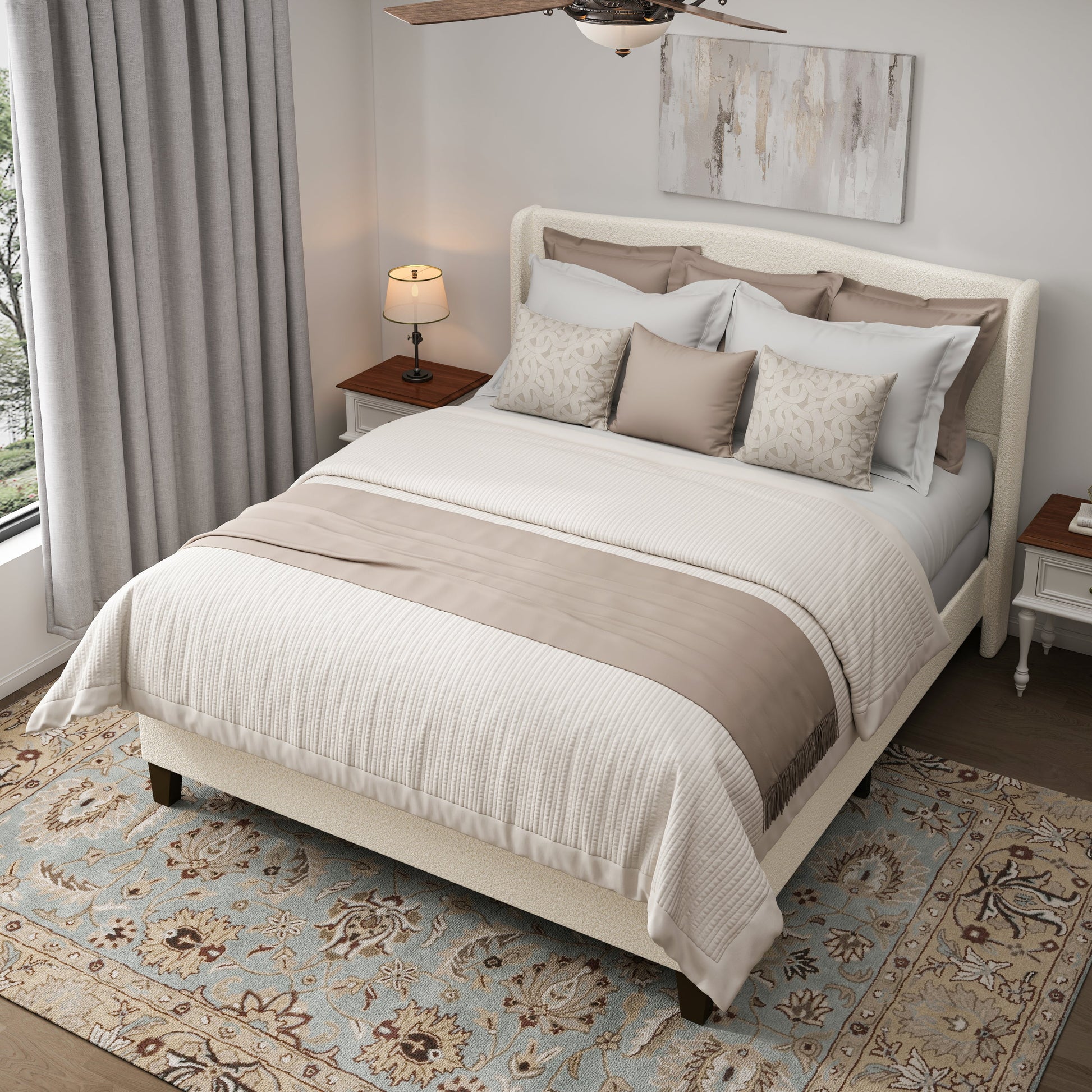 King Size Bed Frame with Upholstered Teddy Velvet Headboard in beige with matching bedding on Tampa Home & Garden Store