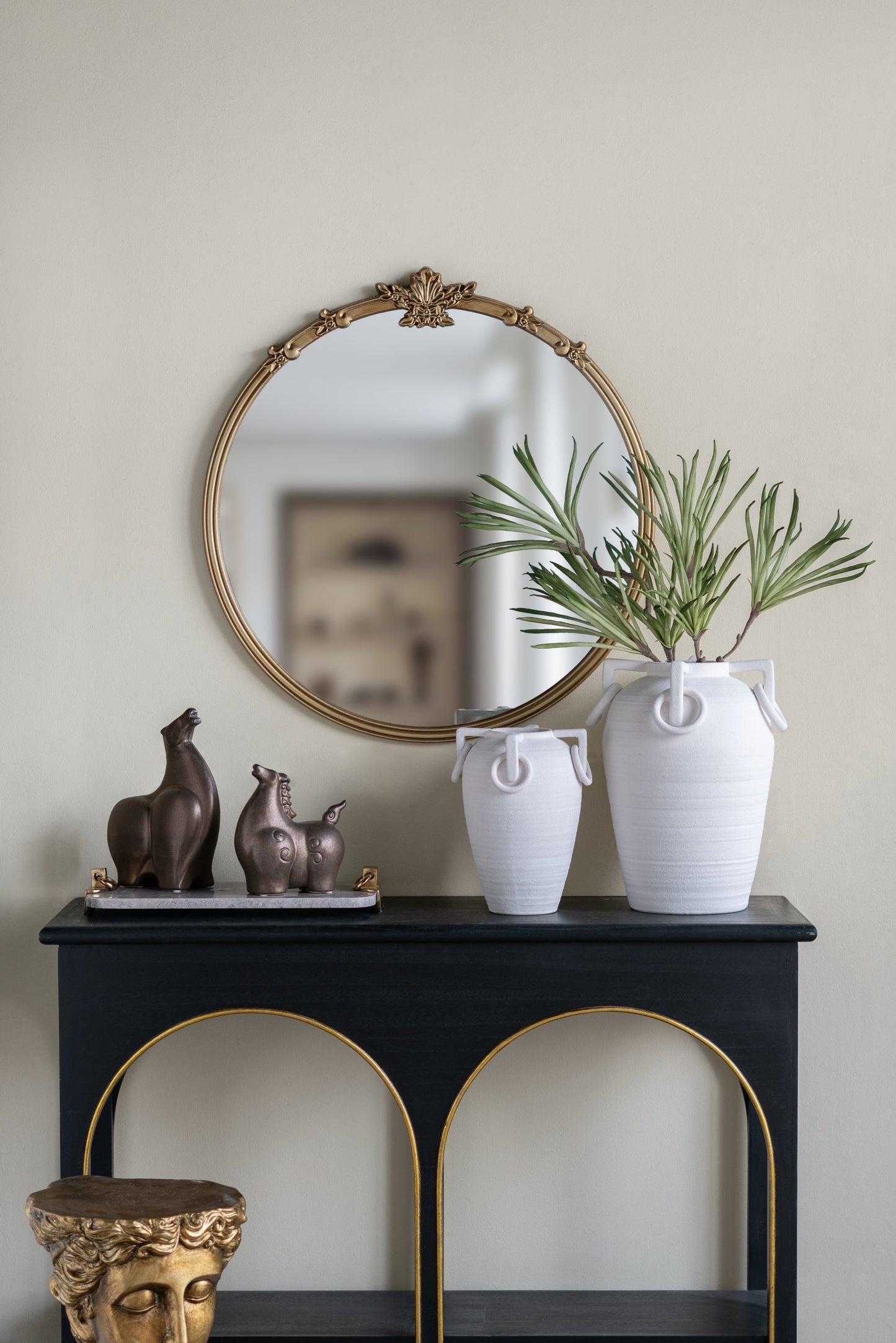 Round gold finish wall mirror with decorative leaf crest 30x31in HouseOfZazla on Tampa Home & Garden Store