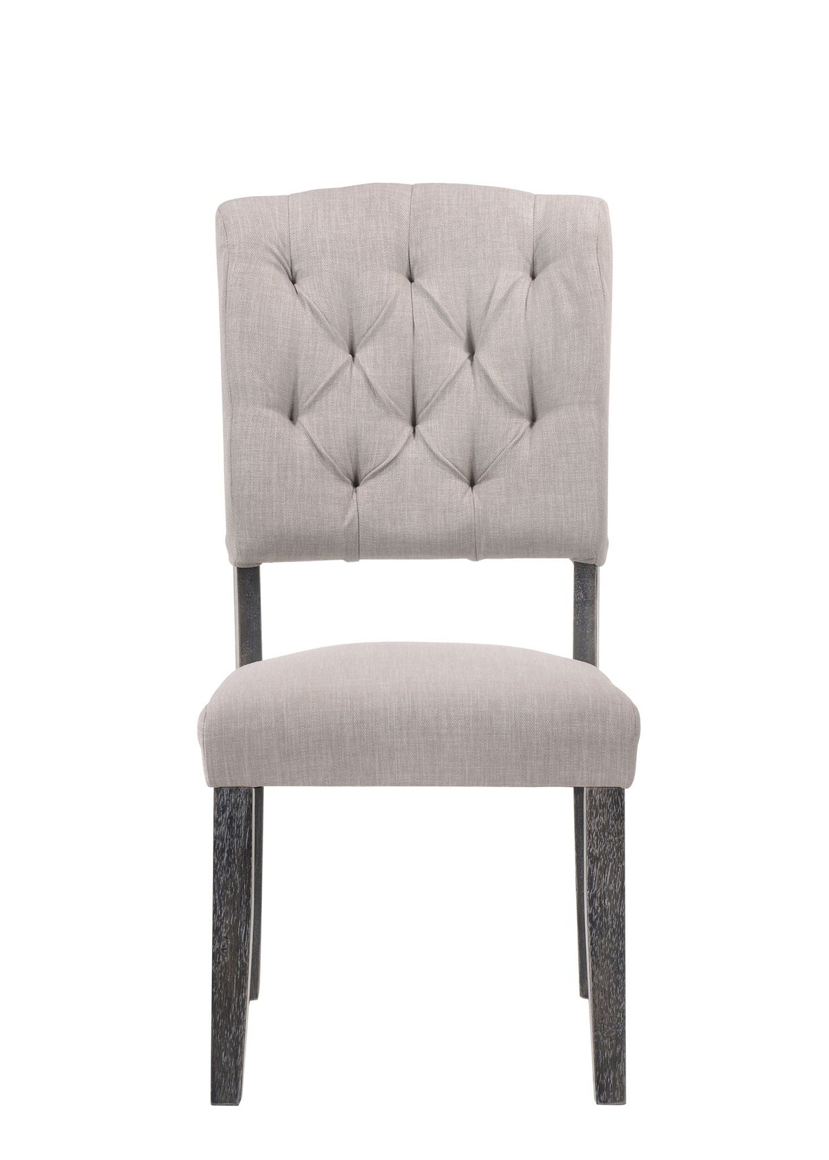 Weathered Side Chair with button tufting gray taupe fabric dark stained wood legs on Tampa Home & Garden Store